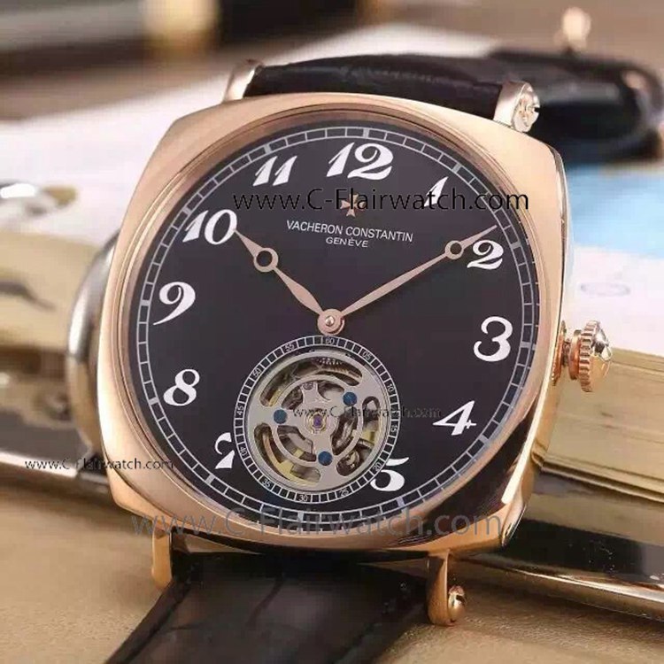 Fake Vacheron Constantin Rose Gold Black Dial Tourbillon Watch